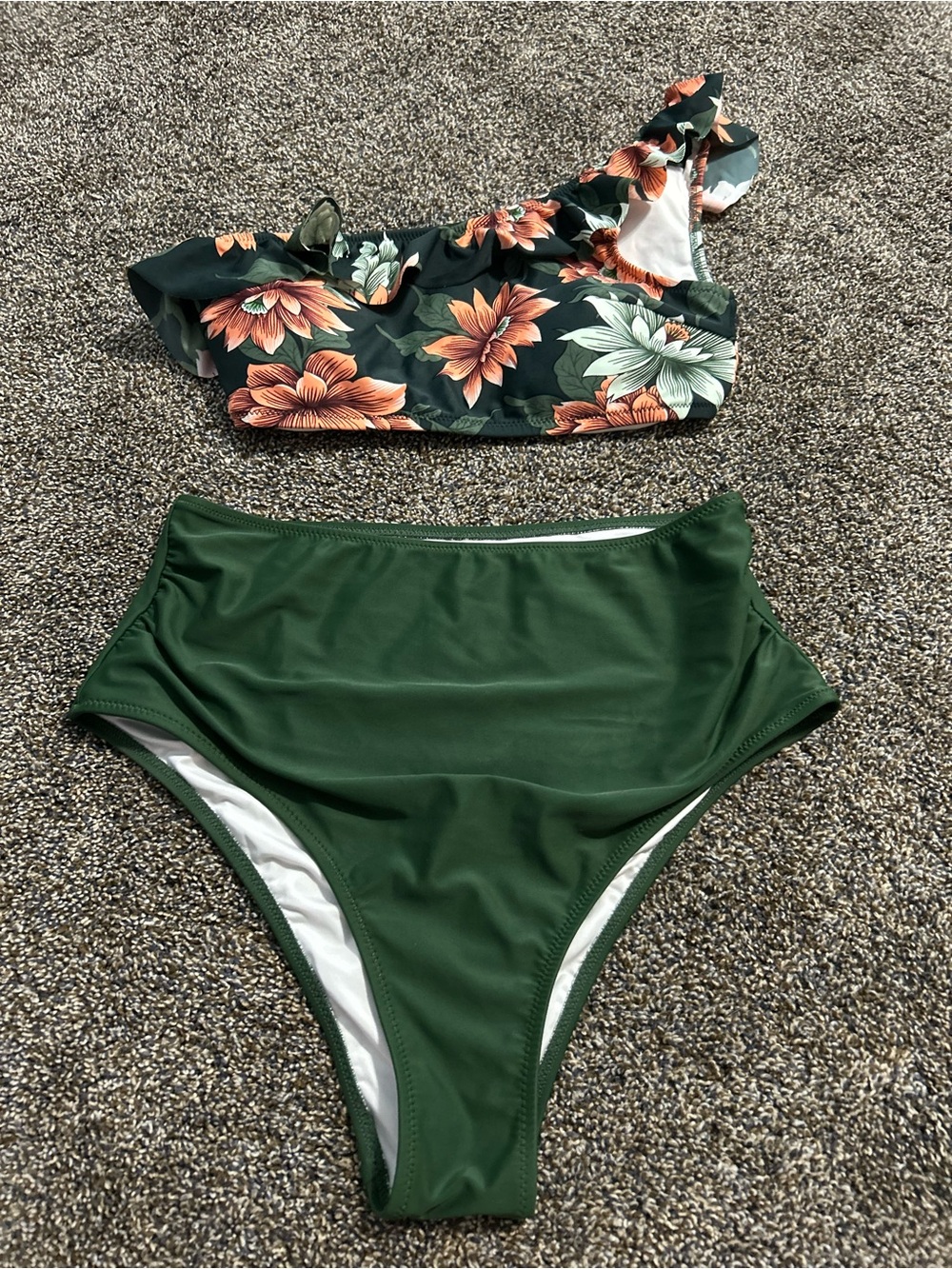 Green floral one shoulder frilly neck bikini two piece swimsuit no size beach